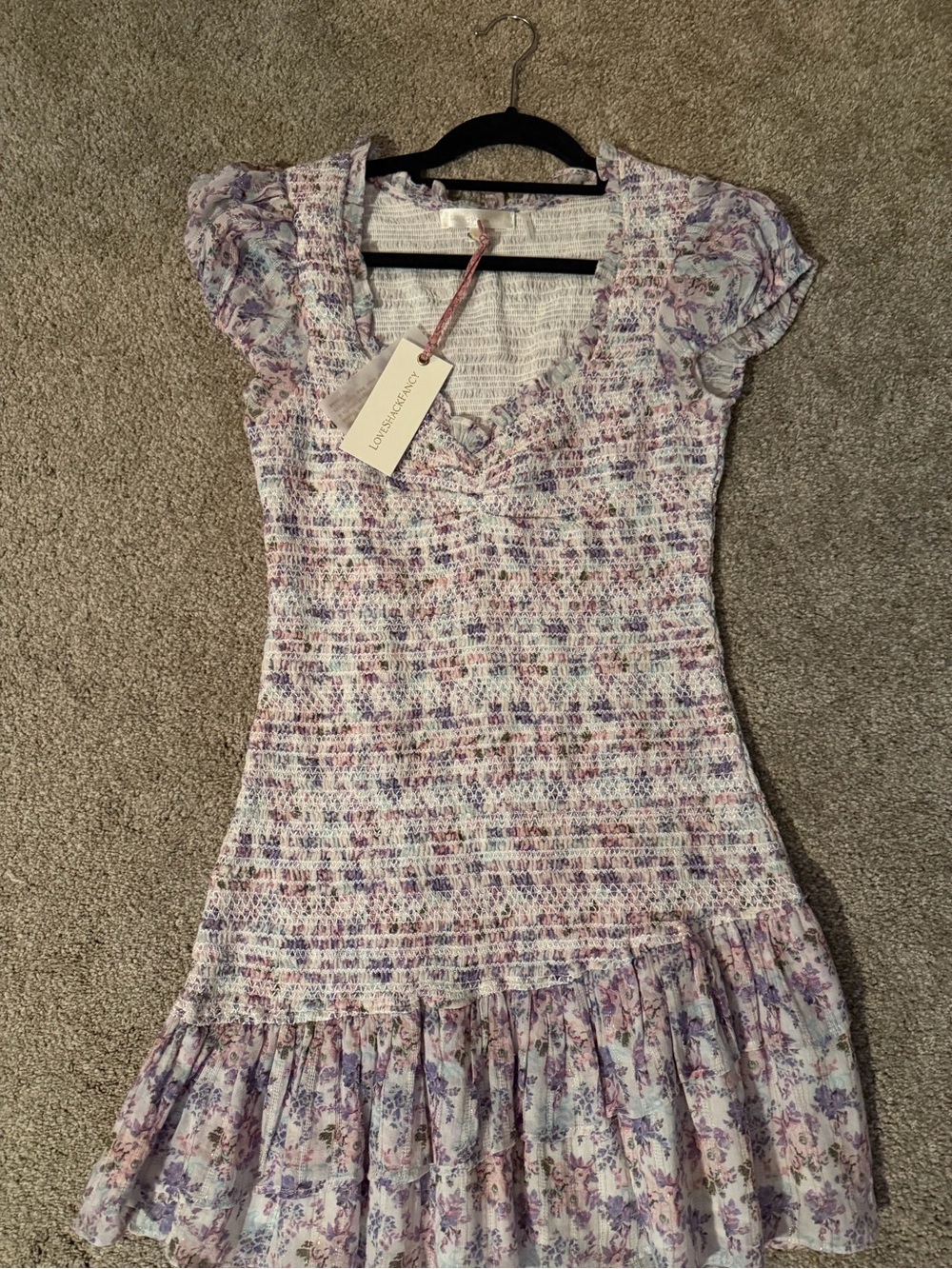 LoveShackFancy Lavender Floral Smocked Ruffle Trevor Mini Dress